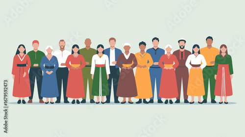 Multicultural group vector illustration featuring an Indian wedding couple concept, celebrating diversity, unity, and global cultural heritage