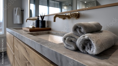 18 HDR photography a minimalist Scandinavian bathroom corner with honed stone countertop undermount matte white sink smooth brushed oak cabinetry rolled soft