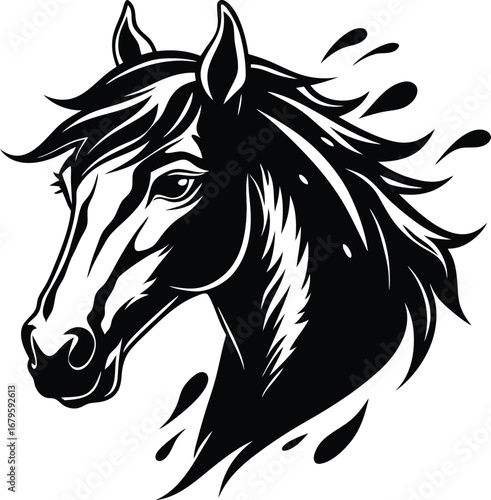 Vector art of dynamic black and white illustration of a horses head with a wild, flowing mane and splashes of water, conveying energy and freedom