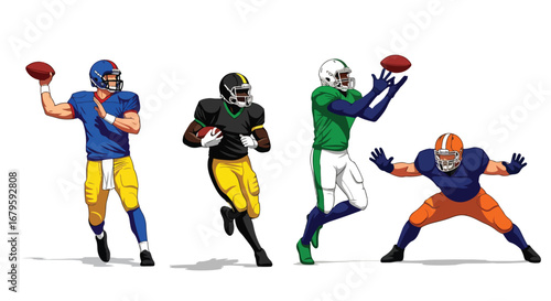 Set of American football players in action passing, running, catching, and defending, representing teamwork, strategy, strength, and competition in professional sports