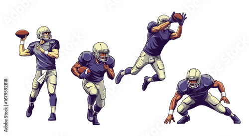 Set of American football players in action passing, running, catching, and defending, representing teamwork, strategy, strength, and competition in professional sports