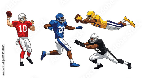 Set of American football players in action passing, running, catching, and defending, representing teamwork, strategy, strength, and competition in professional sports