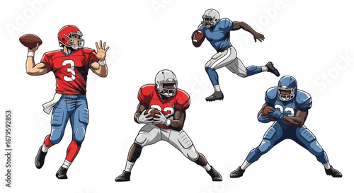 Set of American football players in action passing, running, catching, and defending, representing teamwork, strategy, strength, and competition in professional sports