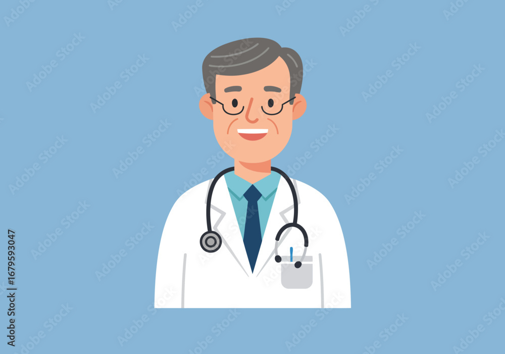 Fototapeta premium Friendly Doctor Illustration with Stethoscope and White Coat.
