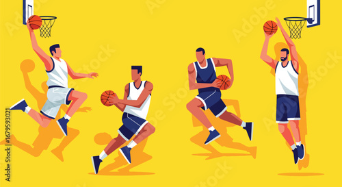Set of basketball players in action dribbling, passing, and shooting, representing teamwork, competition, athletic skill, and dynamic performance in sports