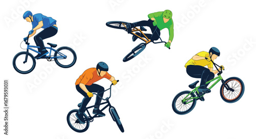 Set of BMX riders performing stunts and tricks with bikes, representing extreme sports, freestyle cycling, urban lifestyle, and dynamic athletic performance