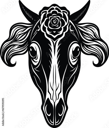 Vector art of stylized black and white illustration of a horse head with a rose on its forehead, featuring intricate details and a tribal or folk art aesthetic
