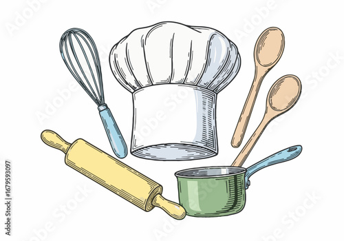 Rustic Hand-Drawn Cooking Utensils Set: Chef's Hat, Whisk, Rolling Pin, Saucepans – Ideal for World Food Day Assets