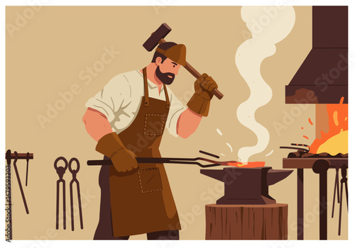 Blacksmith Forging Metal in Workshop Illustration.