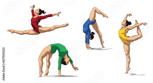 Set of female gymnasts performing jumps, splits, backbends, and balance poses, representing flexibility, strength, and artistic performance in gymnastics competitions and training