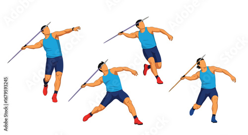 Set of male athletes throwing javelins in action, representing track and field competition, strength, precision, and dynamic performance in professional athletics