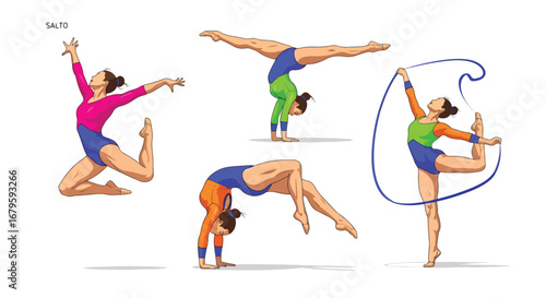 Set of female gymnasts performing jumps, splits, backbends, and balance poses, representing flexibility, strength, and artistic performance in gymnastics competitions and training