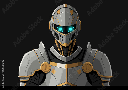 Futuristic Knight: Advanced Armor and Glowing Eyes.
