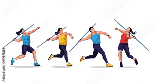 Set of male athletes throwing javelins in action, representing track and field competition, strength, precision, and dynamic performance in professional athletics