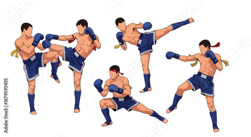 Set of Muay Thai fighters performing kicks and strikes, representing martial arts, combat training, strength, discipline, and competitive fighting in sports