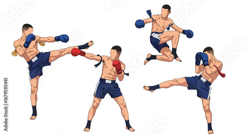 Set of Muay Thai fighters performing kicks and strikes, representing martial arts, combat training, strength, discipline, and competitive fighting in sports