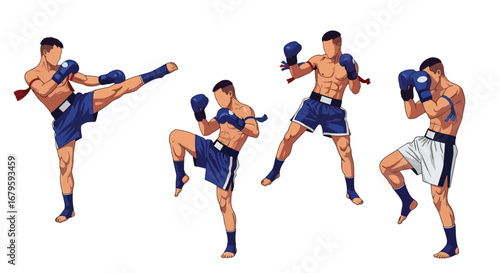 Set of Muay Thai fighters performing kicks and strikes, representing martial arts, combat training, strength, discipline, and competitive fighting in sports