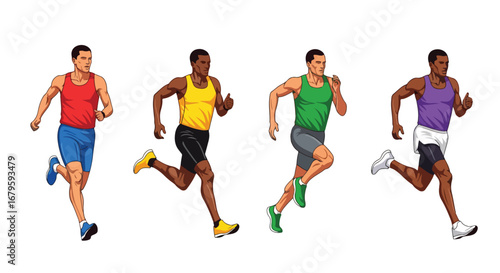 Set of male runners in action during a race, showcasing athletic performance, endurance, fitness, and dynamic movement in competitive track and marathon running