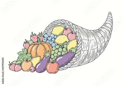 Colorful Cornucopia with Abundant Harvest of Fruits and Vegetables. Ideal for World Food Day, Thanksgiving, and Autumn Themes.