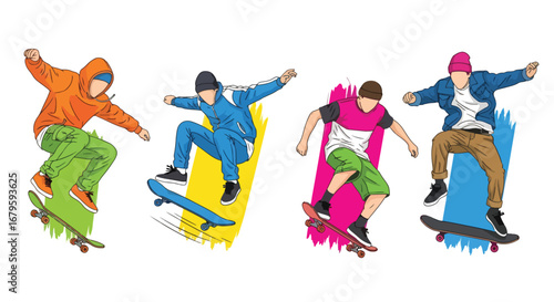 Set of skateboarders performing tricks and jumps, representing urban lifestyle, extreme sports, street culture, and dynamic athletic movement in skateboarding