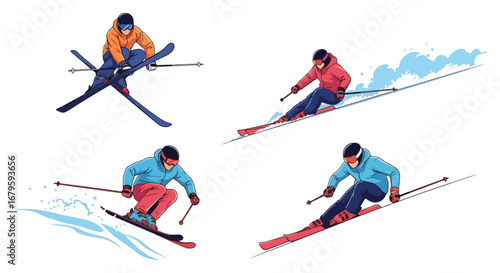Set of skiers performing jumps, tricks, and downhill racing moves, representing winter sports, extreme adventure, athletic performance, and competitive skiing on snowy slopes