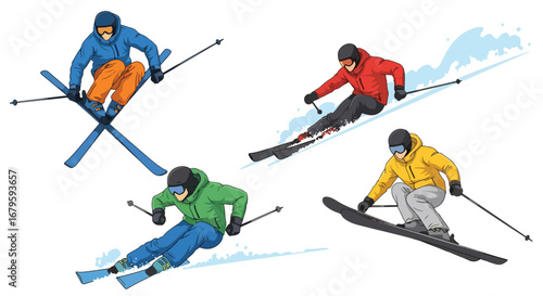 Set of skiers performing jumps, tricks, and downhill racing moves, representing winter sports, extreme adventure, athletic performance, and competitive skiing on snowy slopes