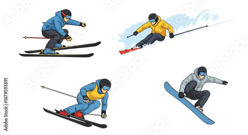 Set of skiers performing jumps, tricks, and downhill racing moves, representing winter sports, extreme adventure, athletic performance, and competitive skiing on snowy slopes