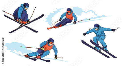 Set of skiers performing jumps, tricks, and downhill racing moves, representing winter sports, extreme adventure, athletic performance, and competitive skiing on snowy slopes