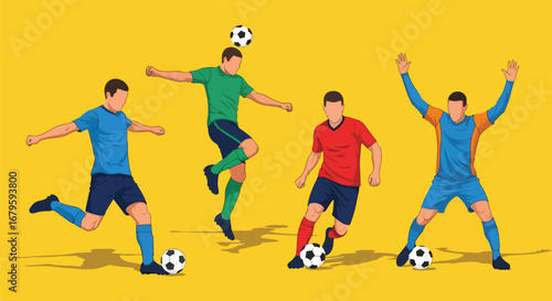 Set of soccer players in action including dribbling, kicking, and goalkeeping, representing teamwork, competition, and athletic performance in football matches and training