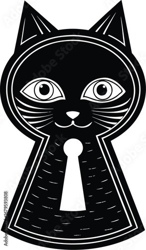Vector art of stylized black cat face peering through a keyhole, presented in a graphic black and white illustration, isolated on a, evoking mystery and curiosity