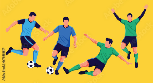 Set of soccer players in action including dribbling, kicking, and goalkeeping, representing teamwork, competition, and athletic performance in football matches and training