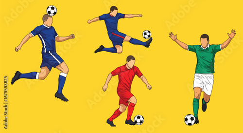 Set of soccer players in action including dribbling, kicking, and goalkeeping, representing teamwork, competition, and athletic performance in football matches and training