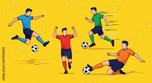 Set of soccer players in action including dribbling, kicking, and goalkeeping, representing teamwork, competition, and athletic performance in football matches and training