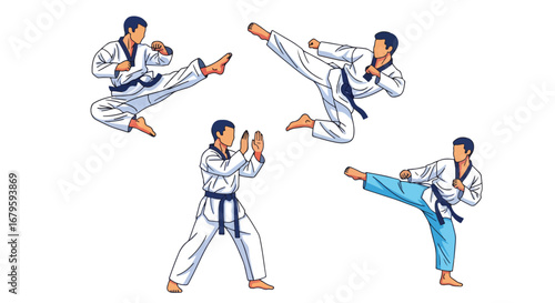 Set of martial artists practicing taekwondo moves including high kicks and fighting stances, representing discipline, training, self-defense, and competitive martial arts performance