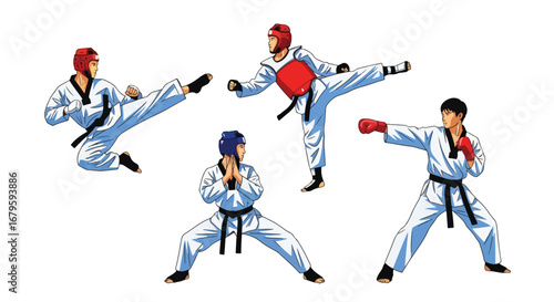 Set of martial artists practicing taekwondo moves including high kicks and fighting stances, representing discipline, training, self-defense, and competitive martial arts performance