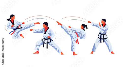 Set of martial artists practicing taekwondo moves including high kicks and fighting stances, representing discipline, training, self-defense, and competitive martial arts performance