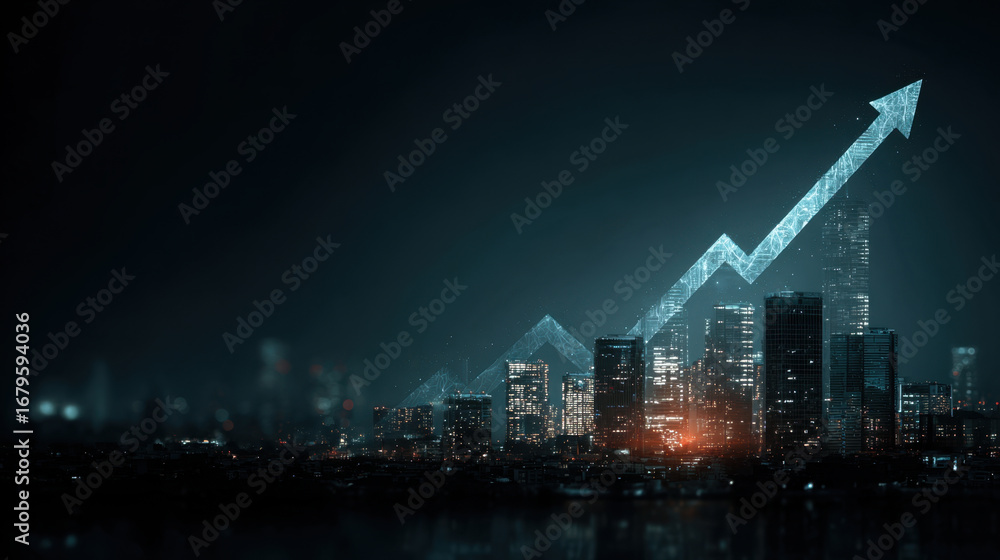 Obraz premium Futuristic city skyline illuminated at night, showcasing digital graph with upward trend. glowing arrow symbolizes growth and progress in urban development and finance