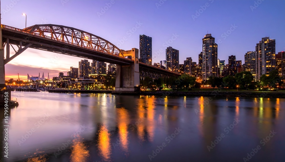 Fototapeta premium City skyline at twilight over water and bridge