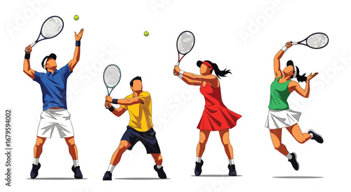Set of male tennis players performing serve, volley, and forehand shots, showcasing athletic skill, competition, and dynamic movement in professional sports and training