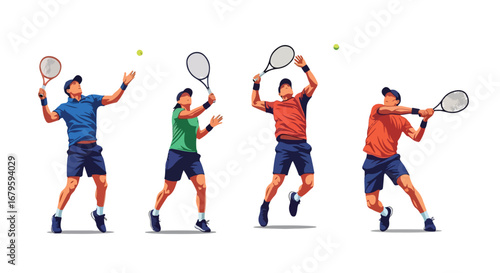 Set of male tennis players performing serve, volley, and forehand shots, showcasing athletic skill, competition, and dynamic movement in professional sports and training