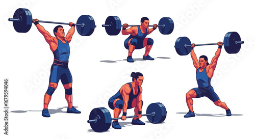 Set of male athletes performing weightlifting exercises including squats, deadlifts, and overhead presses, representing strength training, fitness, and bodybuilding in sports and gym workouts