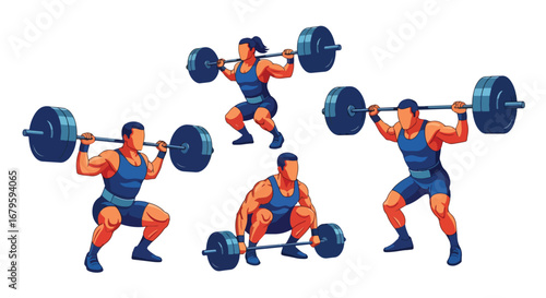 Set of male athletes performing weightlifting exercises including squats, deadlifts, and overhead presses, representing strength training, fitness, and bodybuilding in sports and gym workouts