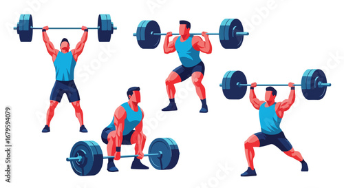 Set of male athletes performing weightlifting exercises including squats, deadlifts, and overhead presses, representing strength training, fitness, and bodybuilding in sports and gym workouts