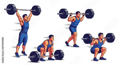 Set of male athletes performing weightlifting exercises including squats, deadlifts, and overhead presses, representing strength training, fitness, and bodybuilding in sports and gym workouts