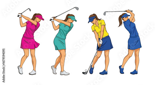 Set of female golfers in action performing swings, putting, and celebrating, representing sportsmanship, competition, and athletic performance in professional and recreational golf
