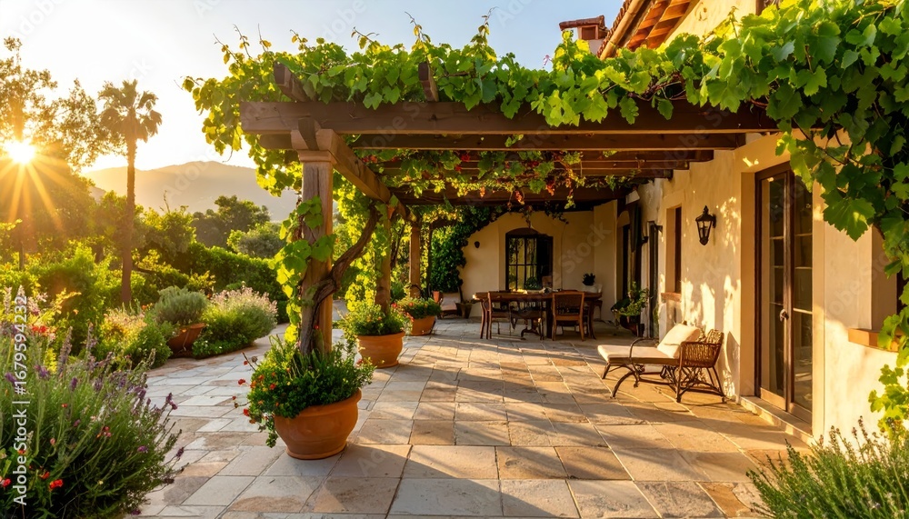 Obraz premium Serene outdoor patio with vine-covered pergola and sunset view
