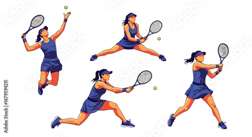 Set of female tennis players in action performing serve, forehand, backhand, and volley, representing competition, athletic skill, and dynamic movement in professional sports