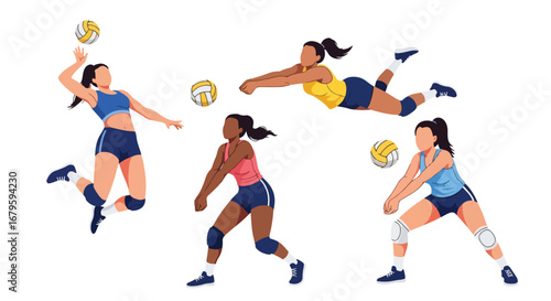 Set of female volleyball players performing actions such as serving, digging, setting, and passing, representing teamwork, competition, and athletic performance in sports training and matches