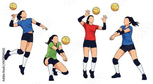 Set of female volleyball players performing actions such as serving, digging, setting, and passing, representing teamwork, competition, and athletic performance in sports training and matches