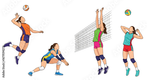 Set of female volleyball players performing actions such as serving, digging, setting, and passing, representing teamwork, competition, and athletic performance in sports training and matches